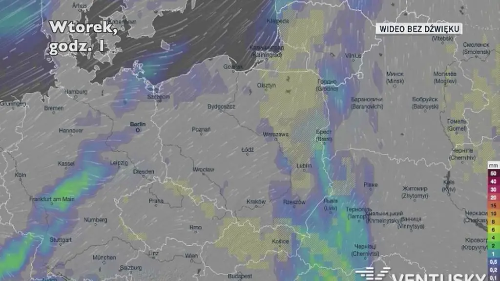 Prognozowane opady w ciągu najbliższych dni (Ventusky.com)