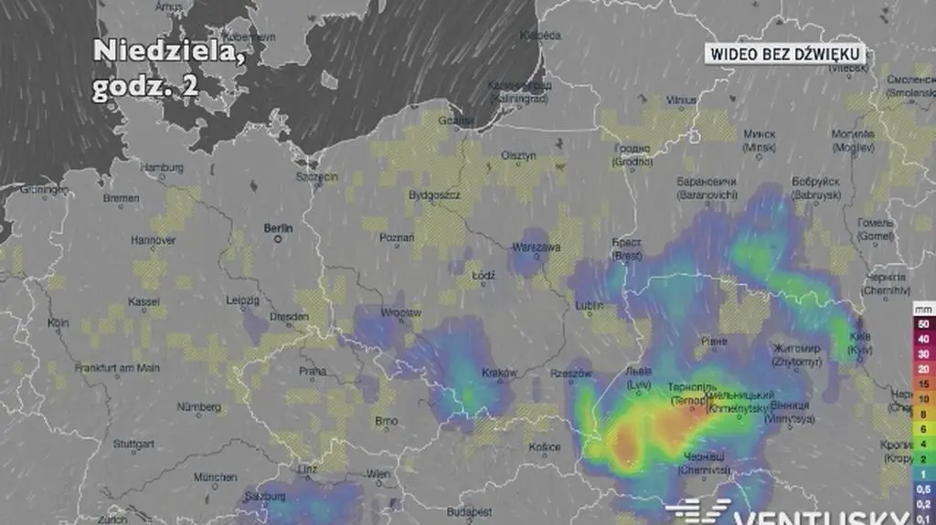 Prognozowane opady w ciągu najbliższych dni (Ventusky.com)