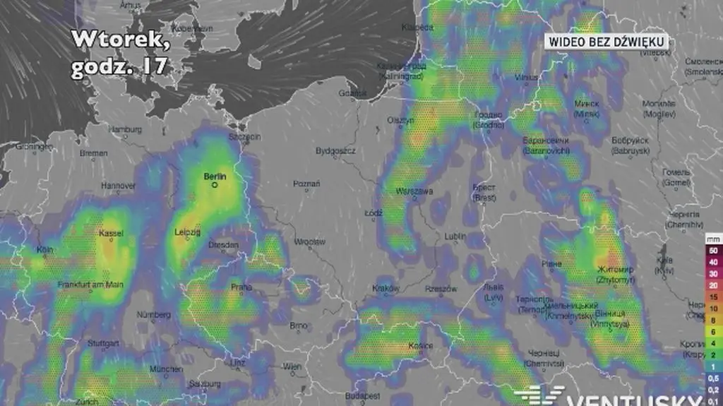 Prognozowane opady w ciągu najbliższych dni (Ventusky.com)