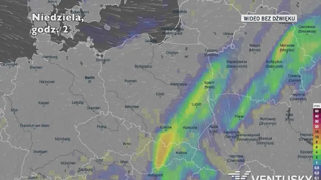 Prognozowane opady w ciągu najbliższych dni (Ventusky.com)