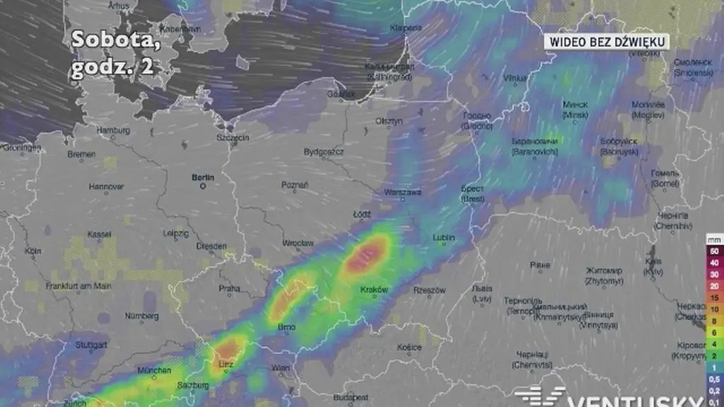 Prognozowane opady w ciągu najbliższych dni (Ventusky.com)