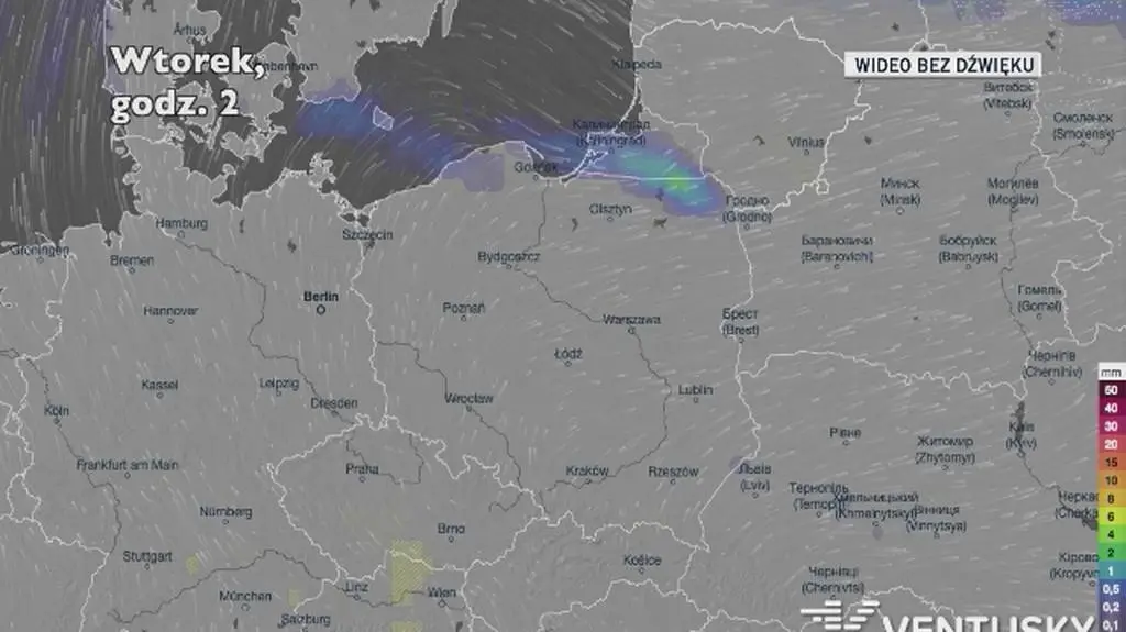 Prognozowane opady w ciągu najbliższych dni (Ventusky.com)