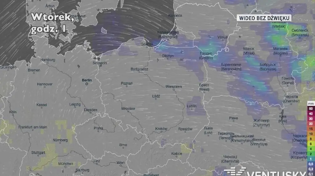 Prognozowane opady w ciągu najbliższych dni (Ventusky.com)