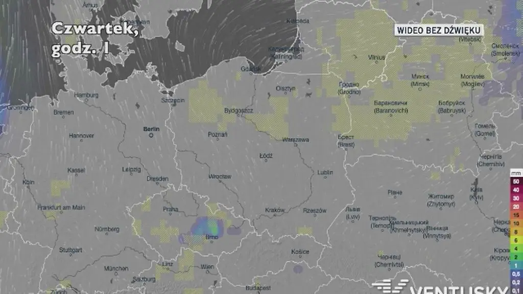 Prognozowane opady w ciągu najbliższych dni (Ventusky.com)