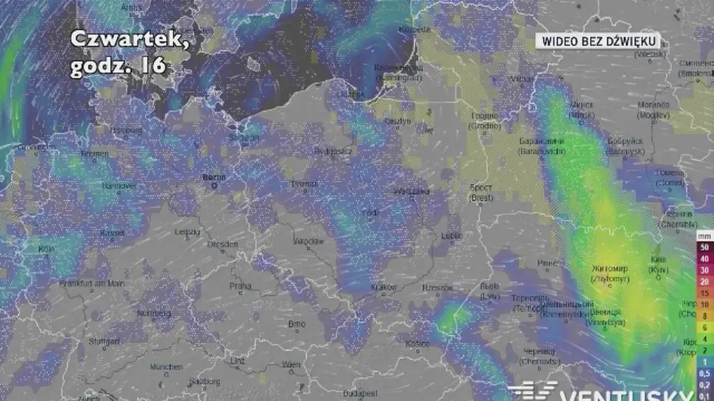 Prognozowane opady w kolejnych dniach (Ventusky)