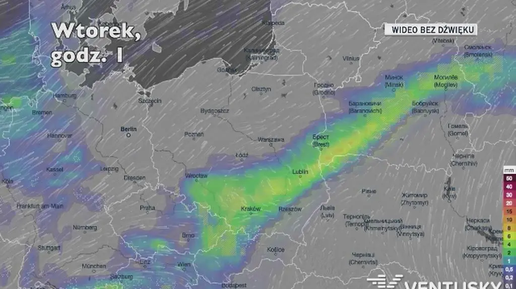 Prognozowane opady w kolejnych dniach (Ventusky.com)