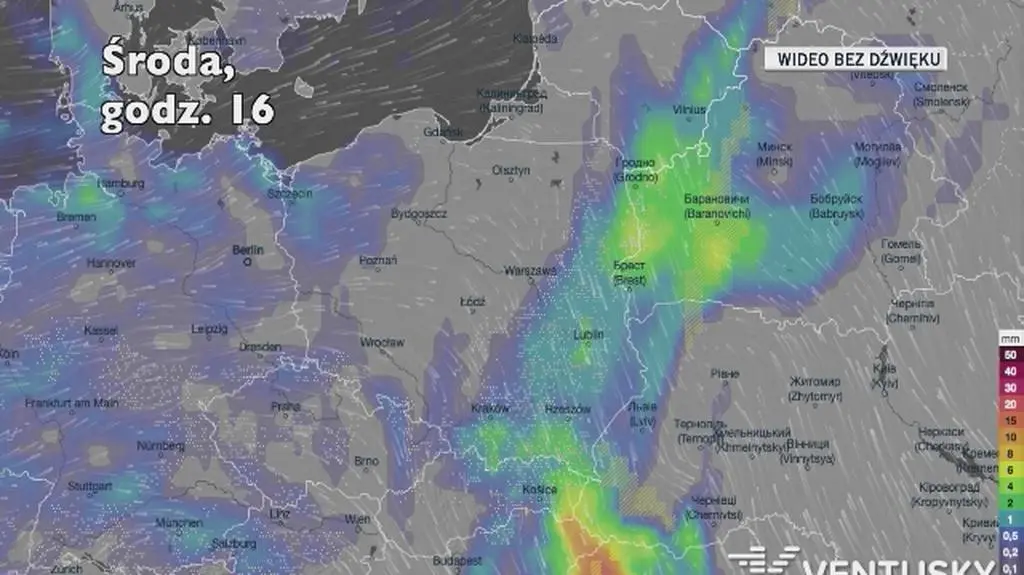 Prognozowane opady w kolejnych dniach (Ventusky.com)
