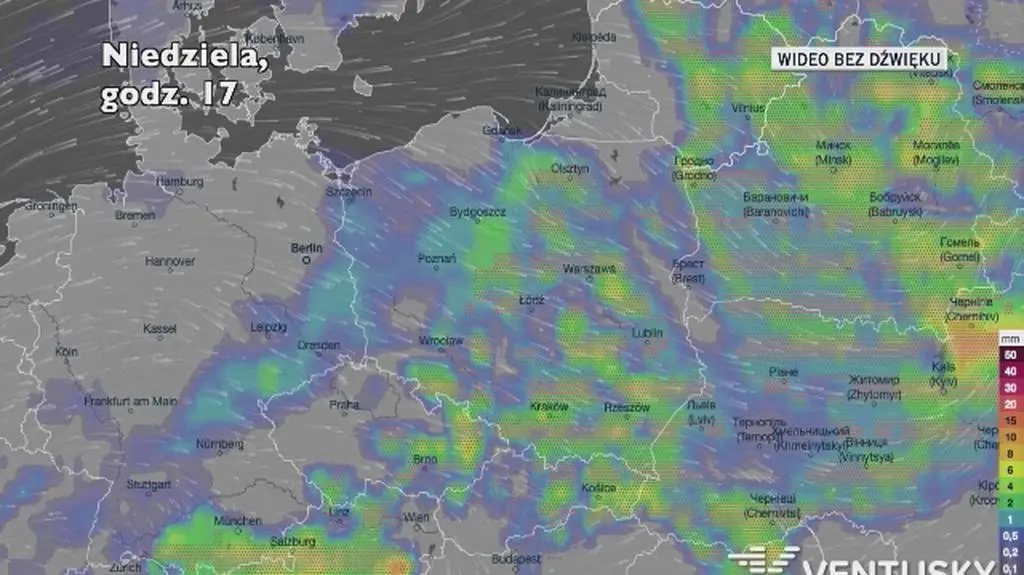 Prognozowane opady w kolejnych dniach (Ventusky.com)