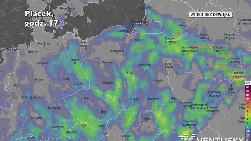 Prognozowane opady w kolejnych dniach (Ventusky.com)