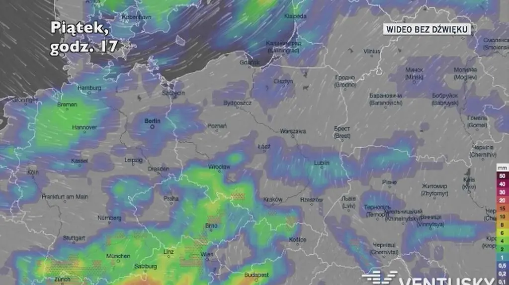 Prognozowane opady w kolejnych dniach (Ventusky.com)