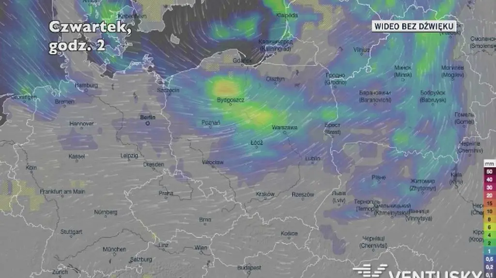 Prognozowane opady w kolejnych dniach (Ventusky.com)