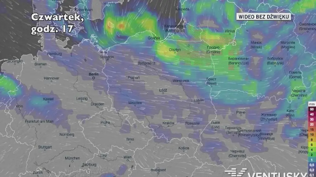 Prognozowane opady w kolejnych dniach (Ventusky.com)