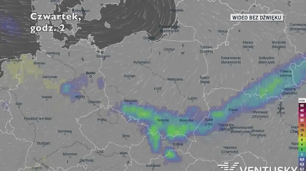 Prognozowane opady w kolejnych dniach (Ventusky.com)