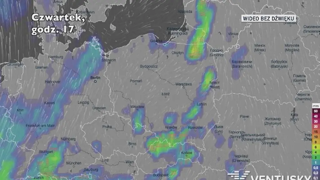 Prognozowane opady w kolejnych dniach (Ventusky.com)