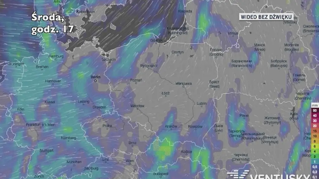 Prognozowane opady w kolejnych dniach (Ventusky.com)
