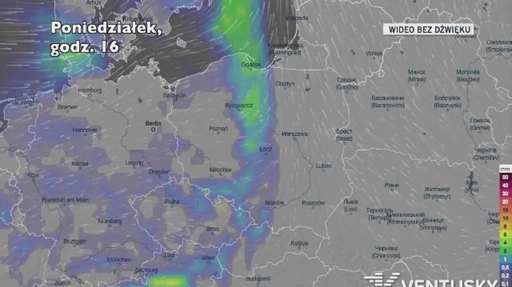 Prognozowane opady w kolejnych dniach (Ventusky.com)