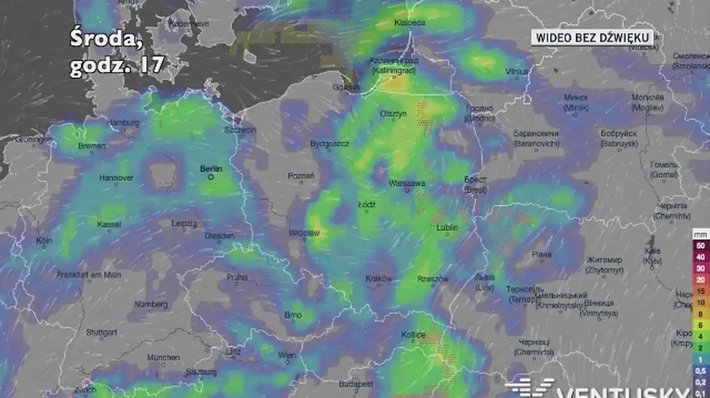 Prognozowane opady w kolejnych dniach (Ventusky.com)
