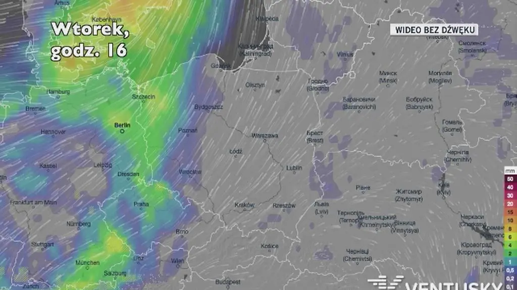 Prognozowane opady w kolejnych dniach (Ventusky.com)