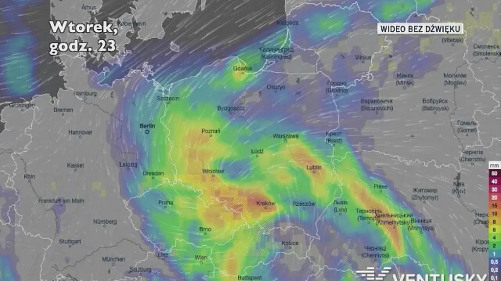 Prognozowane opady w kolejnych dniach (Ventusky.com)