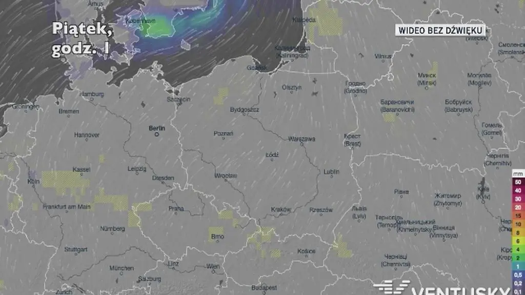 Prognozowane opady w kolejnych dniach (Ventusky.com)