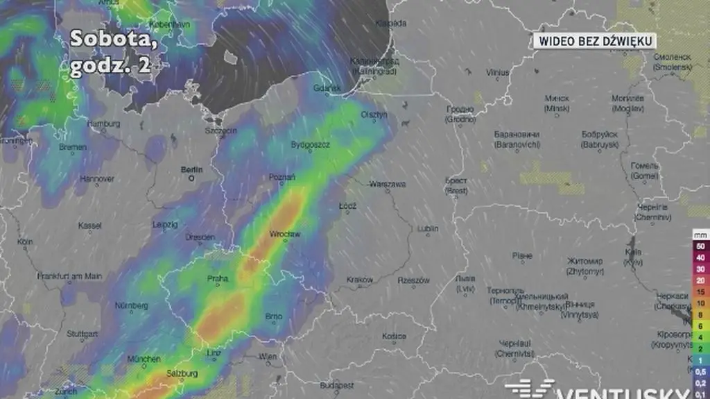Prognozowane opady w najbliższych dniach (Ventusky.com)