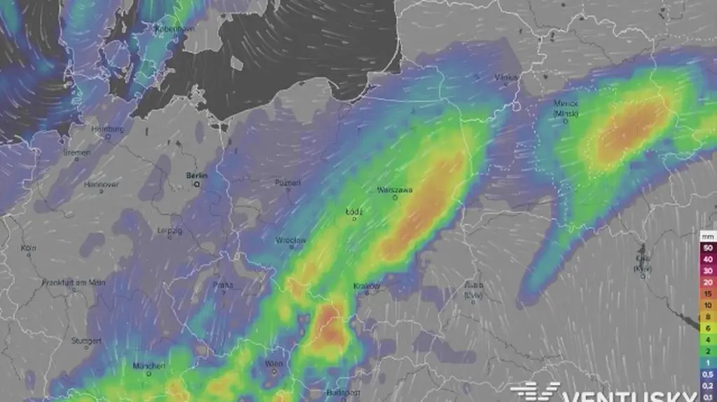 Prognozowane opady w najbliższych dniach (Ventusky