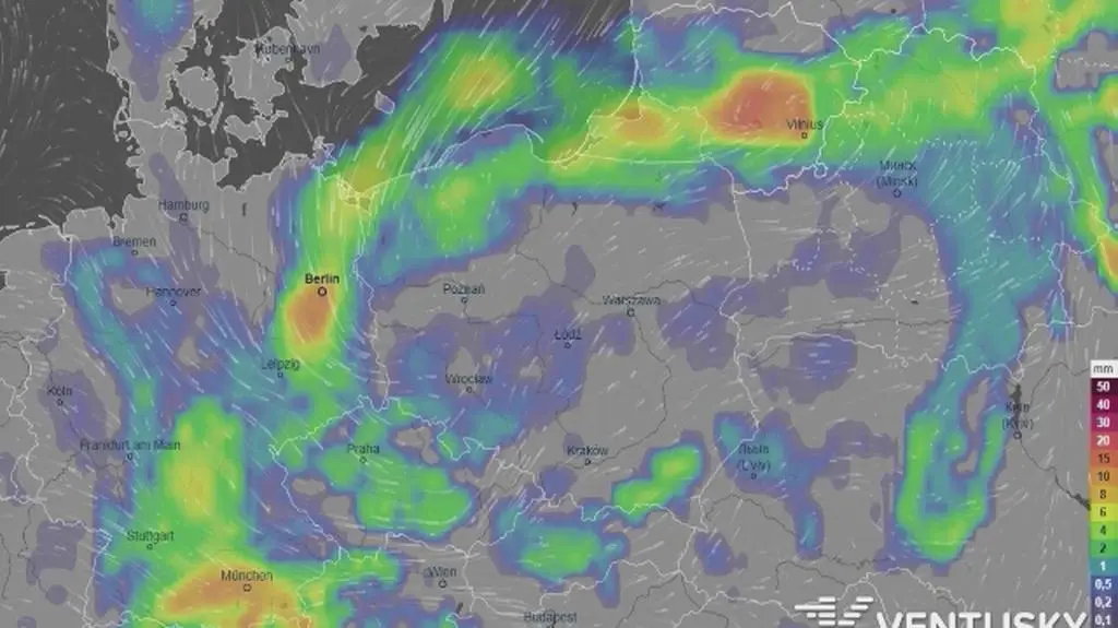 Prognozowane opady w najbliższych dniach (Ventusky
