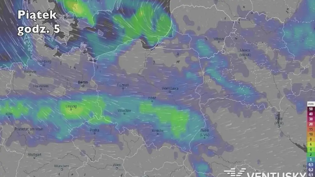 Prognozowane opady w najbliższych dniach (Ventusky