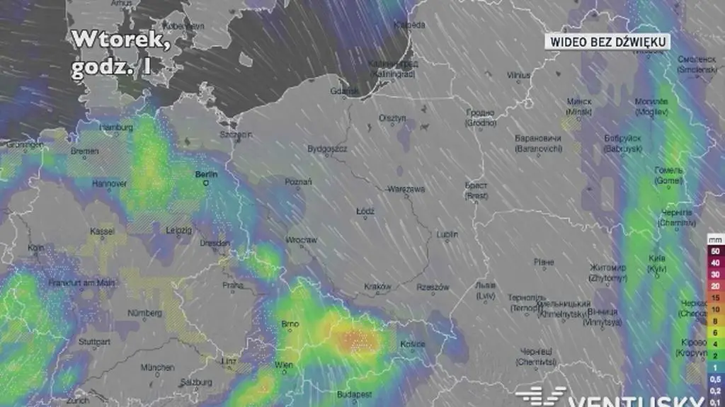 Prognozowane opady w najbliższych dniach (Ventusky.com)
