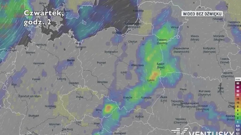 Prognozowane opady w najbliższych dniach (Ventusky.com)