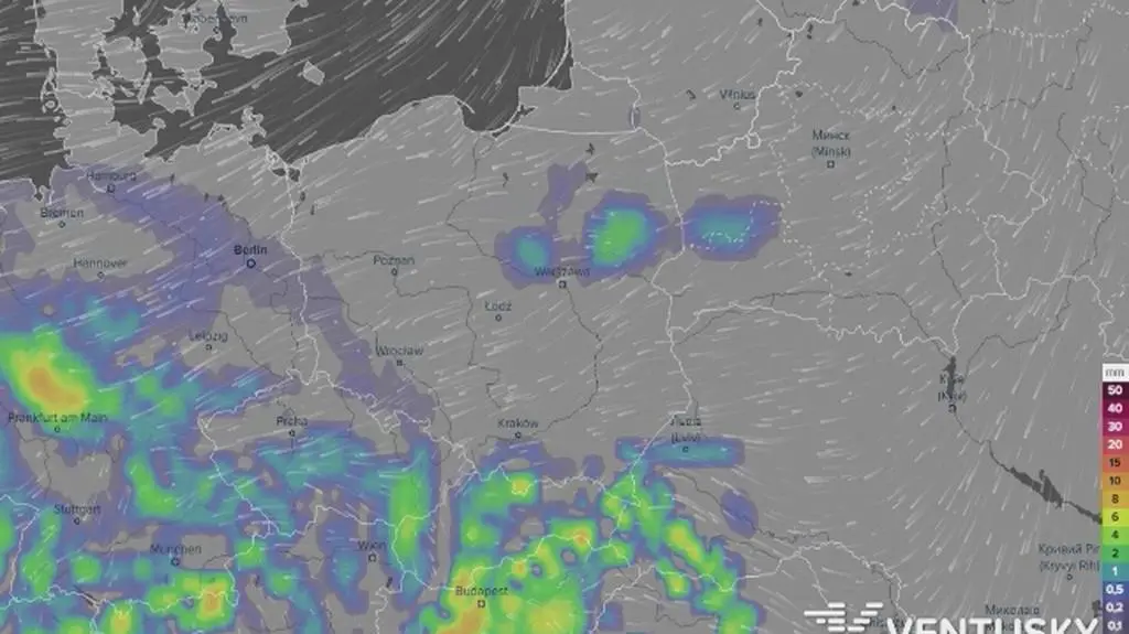 Prognozowane opady w najbliższych godzinach (Ventusky
