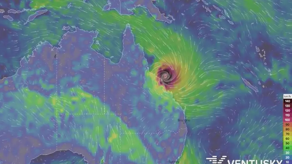 Prognozowane porywy wiatru w Australii (Ventusky