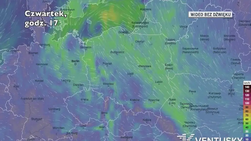 Prognozowane porywy wiatru w ciągu kolejnych dni (Ventusky)