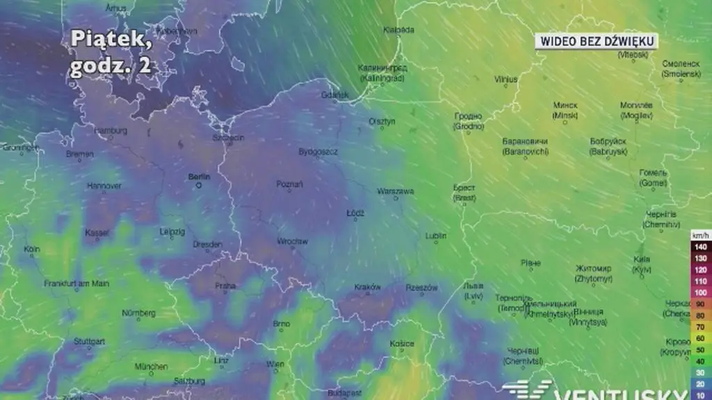 Prognozowane porywy wiatru w ciągu najbliższych dni (Ventusky