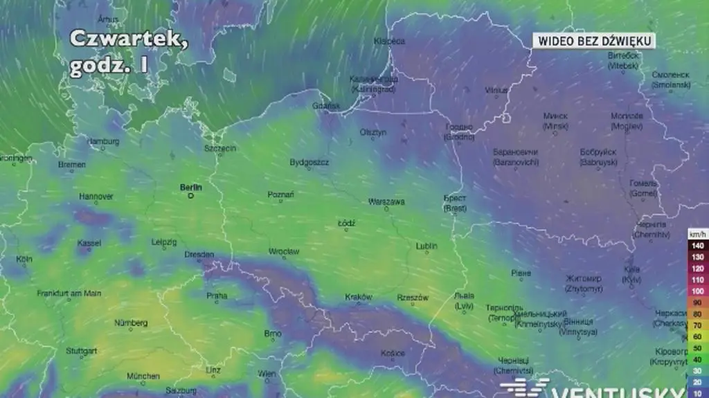 Prognozowane porywy wiatru w ciągu najbliższych dni (Ventusky.com)