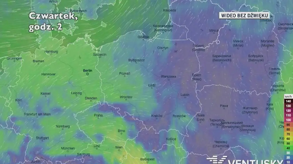 Prognozowane porywy wiatru w ciągu najbliższych dni (Ventusky.com)