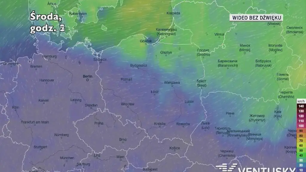Prognozowane porywy wiatru w ciągu najbliższych dni (Ventusky.com)