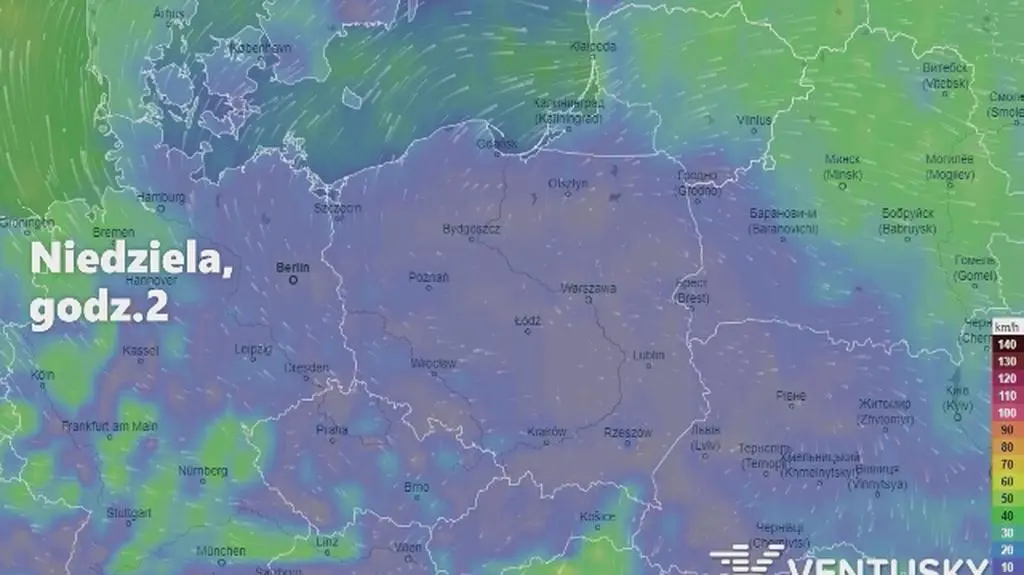 Prognozowane porywy wiatru w ciągu najbliższych dni (Ventusky.com | wideo bez dźwięku))