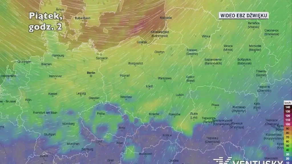 Prognozowane porywy wiatru w kolejnych dniach (Ventusky.com)