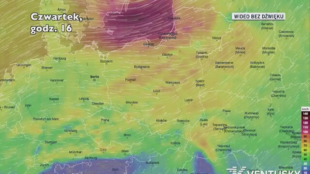 Prognozowane porywy wiatru w kolejnych dniach (Ventusky.com)