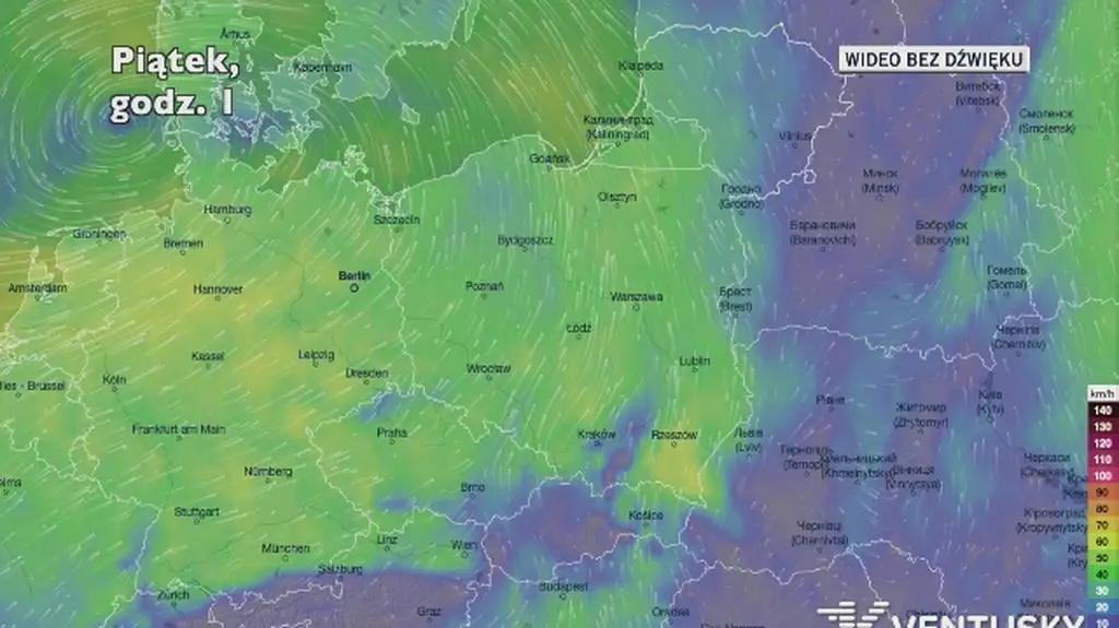 Prognozowane porywy wiatru w kolejnych dniach (Ventusky.com)