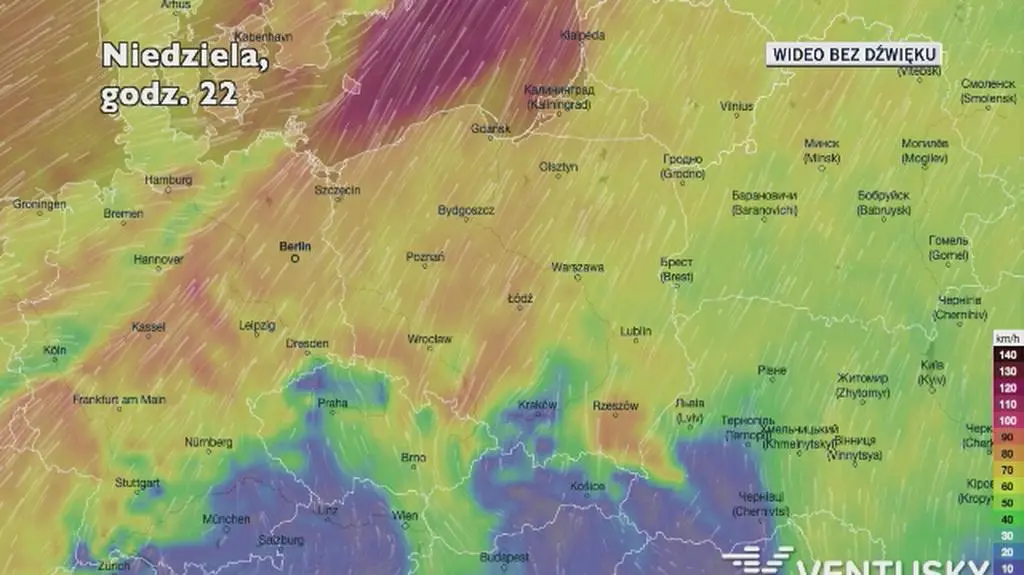 Prognozowane porywy wiatru w kolejnych dniach (Ventusky.com)