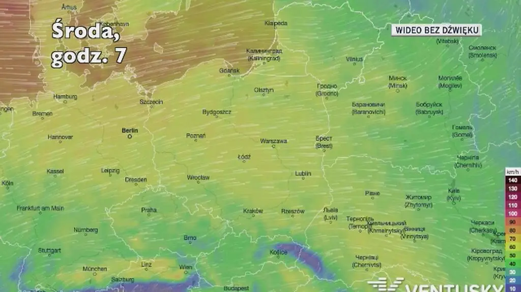 Prognozowane porywy wiatru w kolejnych dniach (Ventusky.com)