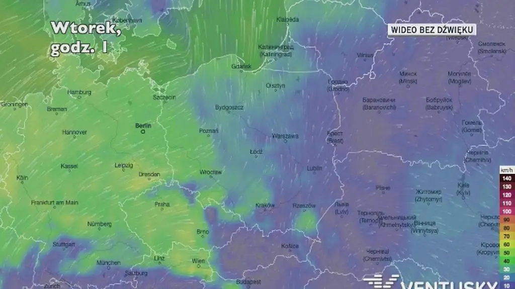 Prognozowane porywy wiatru w najbliższych dniach (Ventusky.com)