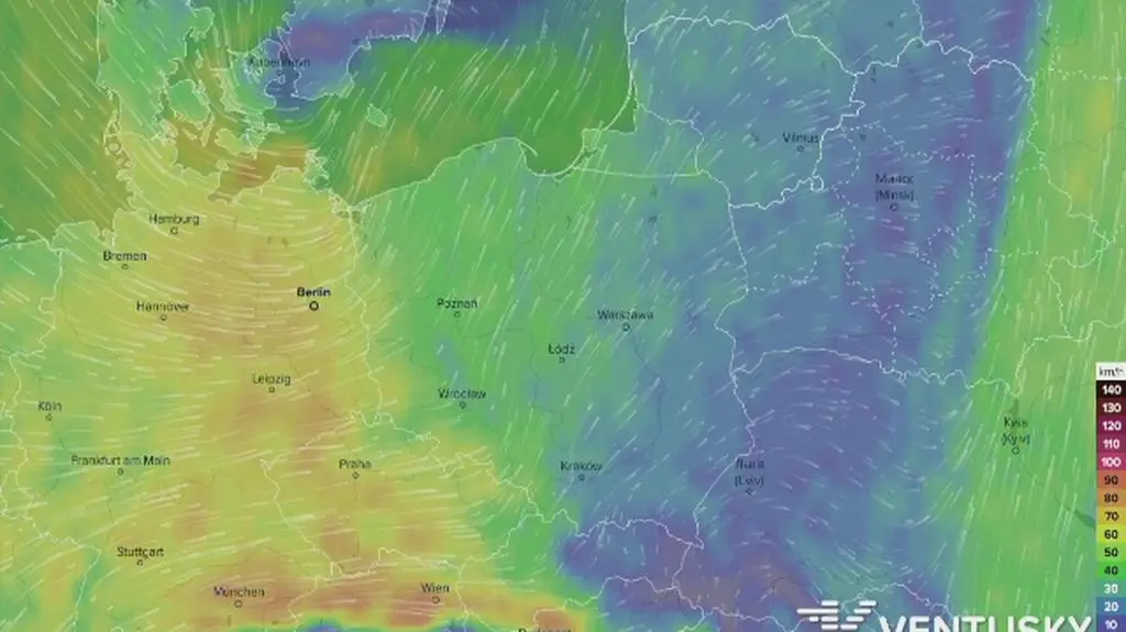 Prognozowane porywy wiatru w najbliższych dniach (Ventusky