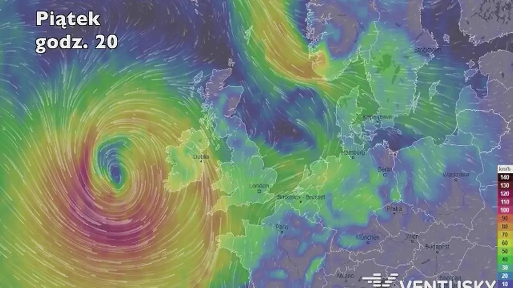 Prognozowane porywy wiatru w najbliższych godzinach (Ventusky