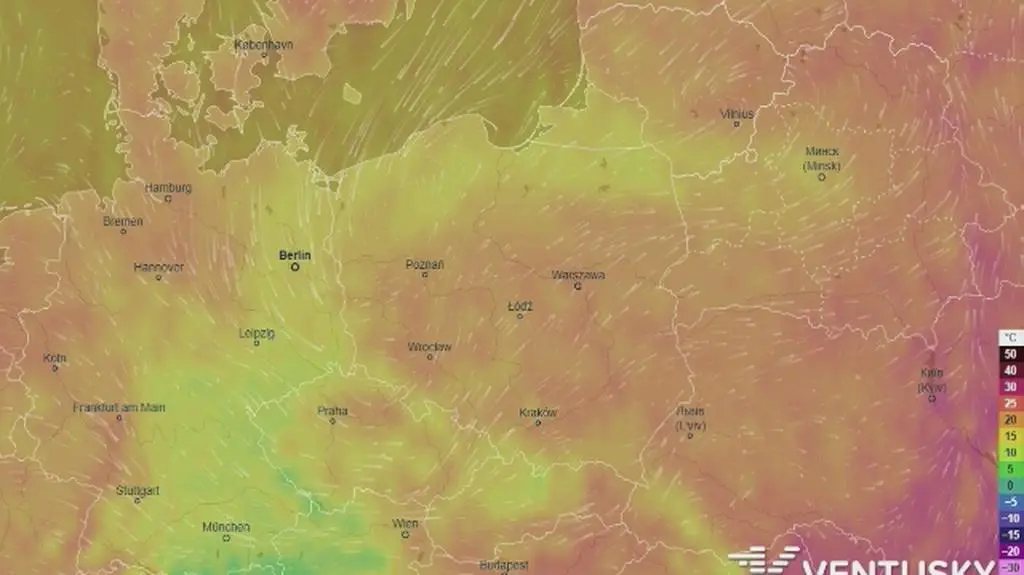Prognozowane temperatury na najbliższe dni (Ventusky