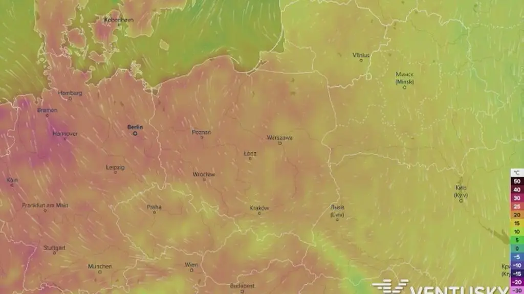 Prognozowane temperatury w najbliższych dniach (Ventusky