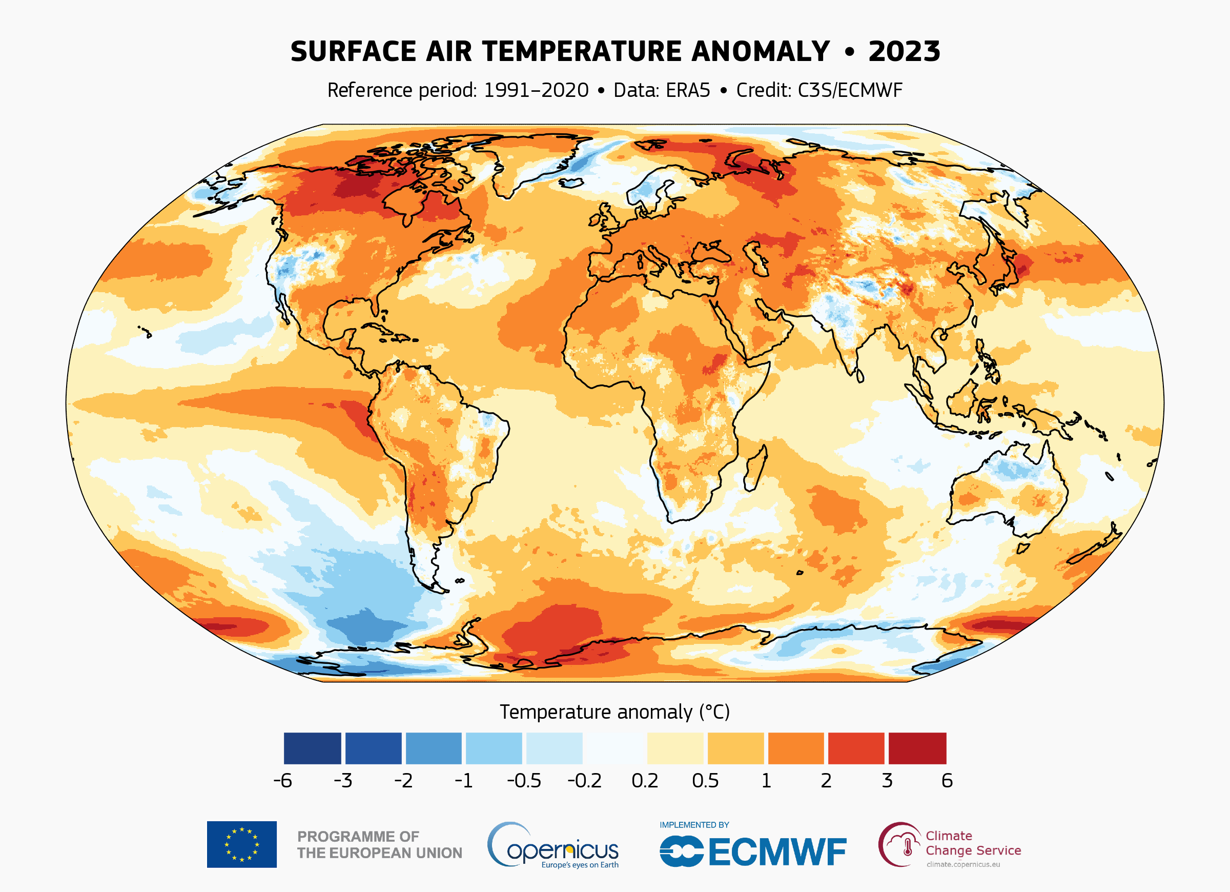 Anomalia temperatury powietrza przy powierzchni dla 2023 roku w stosunku do średniej z okresu referencyjnego 1991-2020