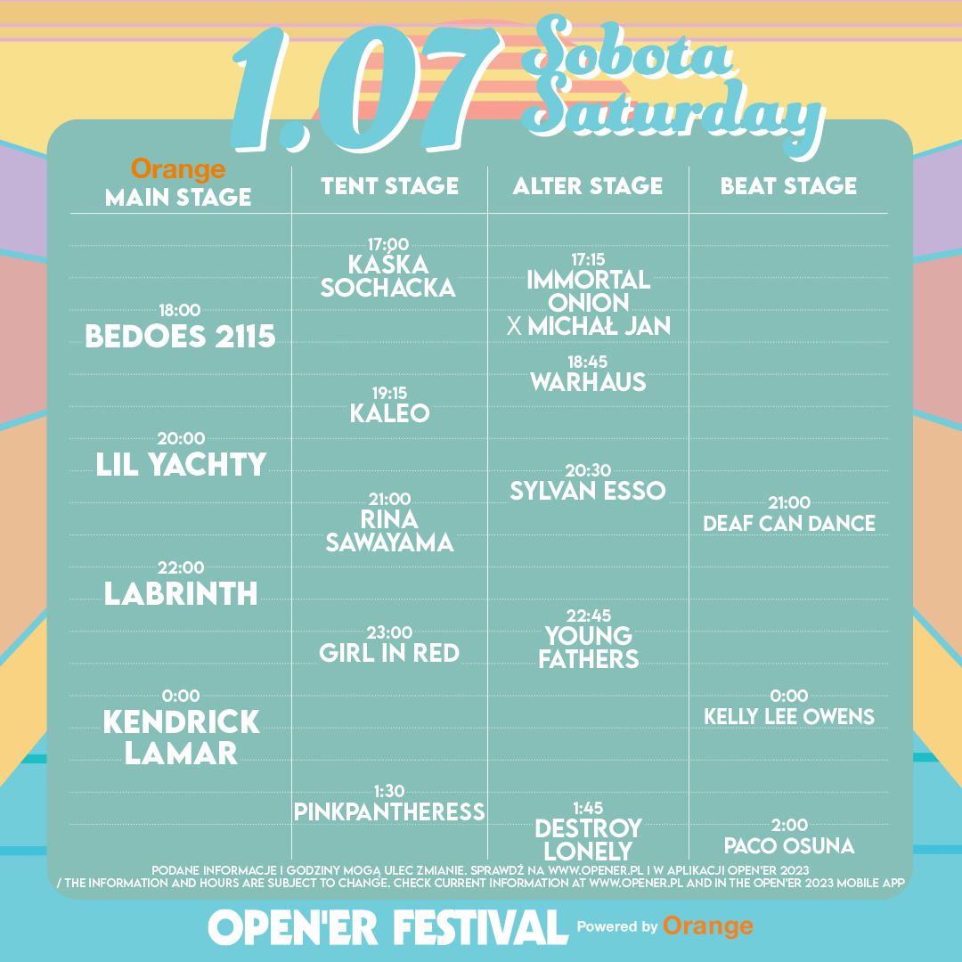 Open'er Festiwal 2023. Sobotni line-up